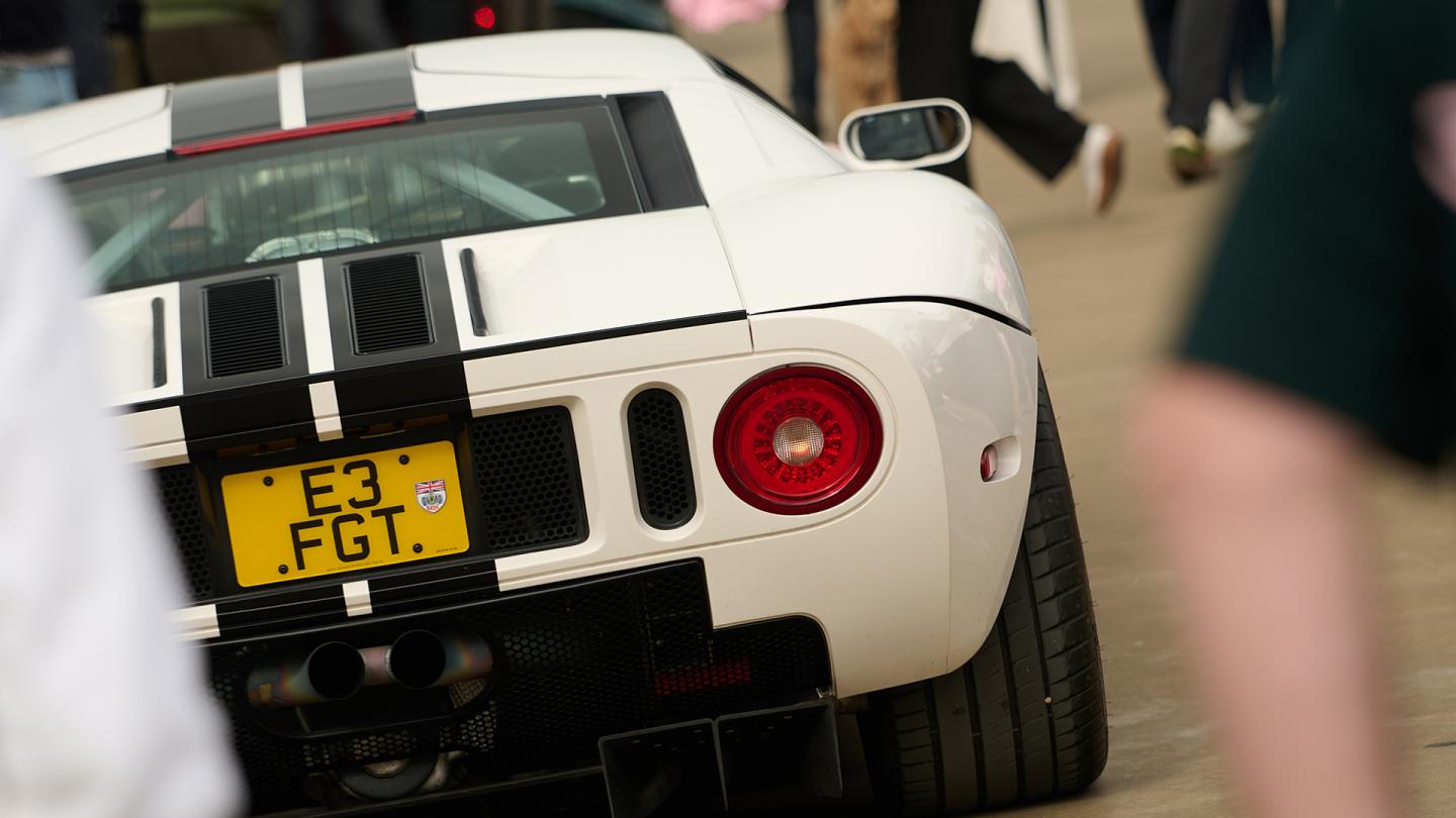 Rear of white car with black stripes